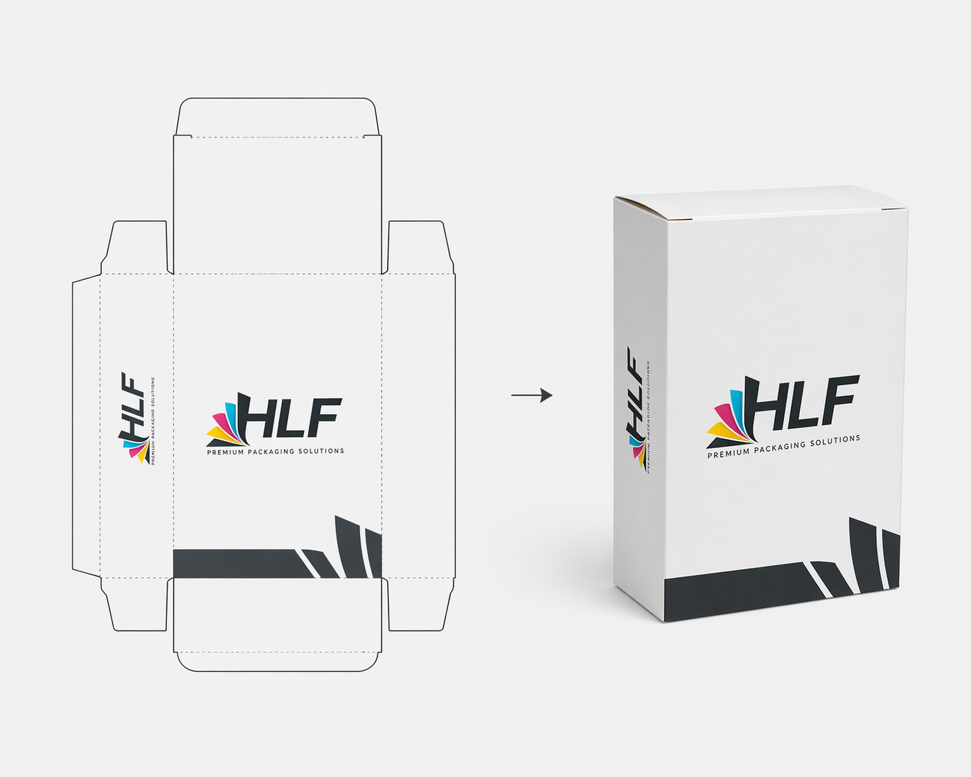 Custom folding carton shown flat and assembled