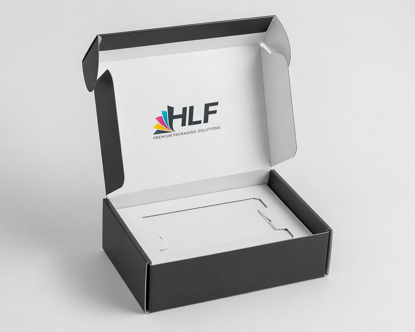 Open custom corrugated mailer box showing its structure